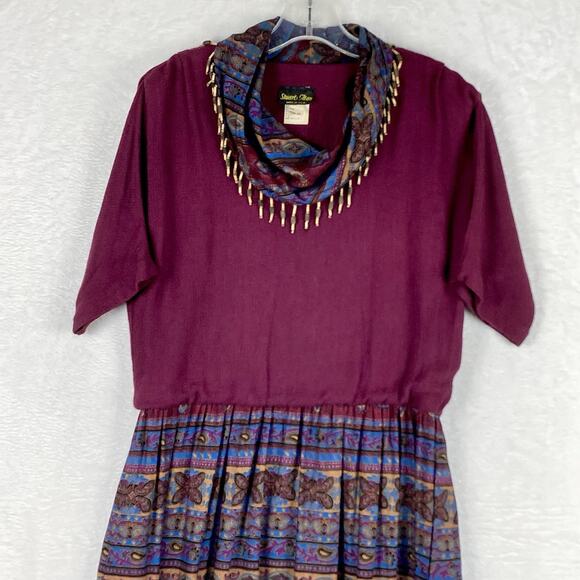 Stuart Allen 10 Artsy Dress Beaded 80s Purple Blue Retro Gypsy Boho Made In USA - Picture 2 of 10